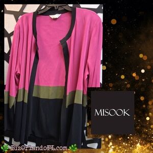 BOUTIQUE: Misook Hot Pink, Olive Green & Black Color Block Cardigan Sweater 2X